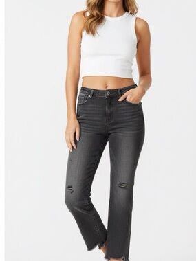 Flying Monkey Washed Black Crop Jeans with Raw Hem F4887